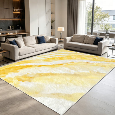 Tapis de sol en agate de marbre jaune et blanc de 1 pièce pour le salon, doux et confortable, convient à toutes les saisons, facile à entretenir, tapis de sol intérieur lavable à la machine, sous la table de ferme convenant à la salle à manger, à la chambre à coucher, au vestibule de la cuisine,