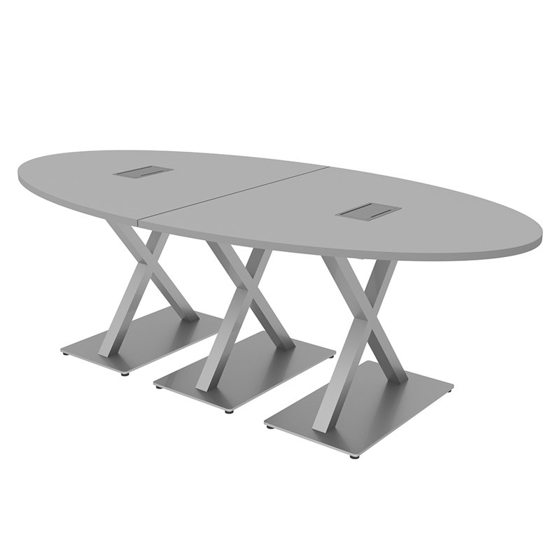 Table de conférence ovale avec base en X et bloc d'alimentation, L 96 po x l 48 po, Brouillard gris
