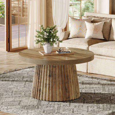 31.5" Round Coffee Table, Fluted Centre Table with Drum Base, Farmhouse Accent Tea Table for Living Room, Apartment