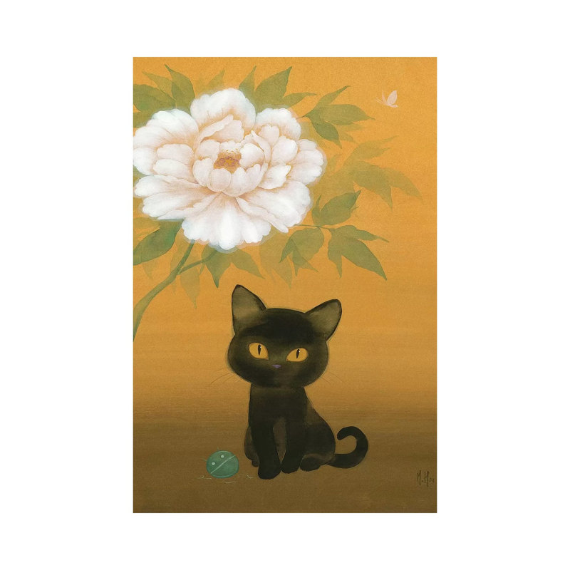 Black Cat And Peony by Martin Hsu - Print on Canvas, 20.32 cm H x 30.48 cm W, Wrapped Canvas