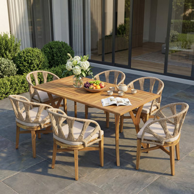 Nautira Outdoor 6-Person Acacia Wood Dining Set With Wicker Backrest & Cushions