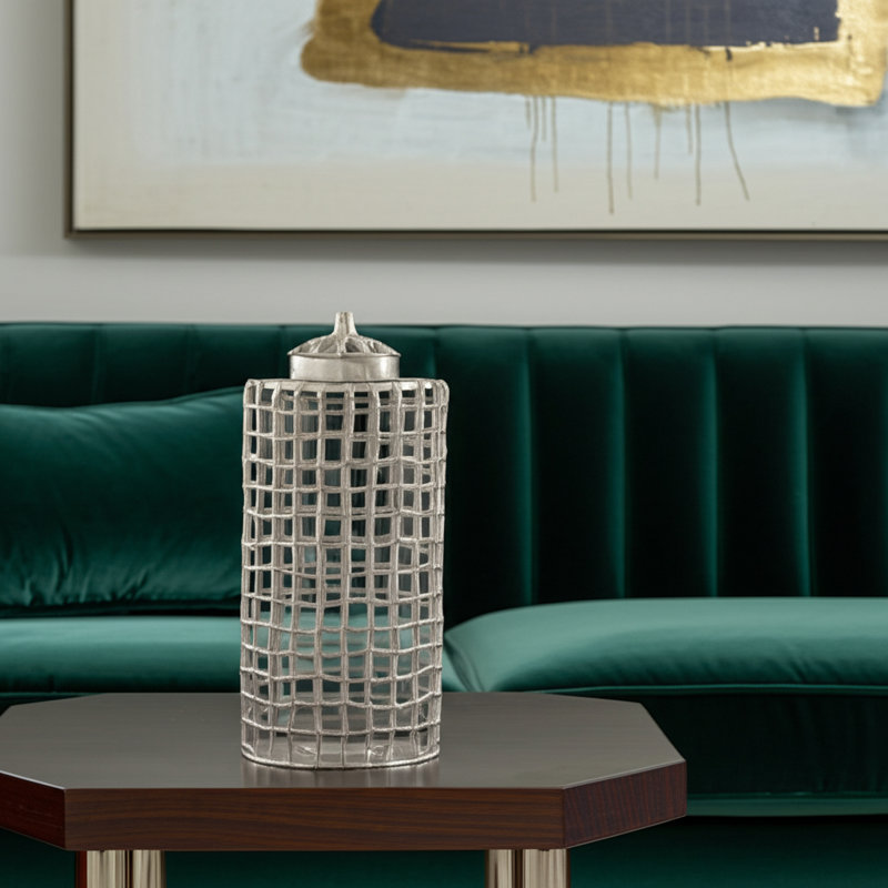 Decorative Metal Aluminum Jar with Lid - Glam Sculptural Accent Container Featuring Modern Openwork Design for Stylish Contemporary Statement Piece Displays