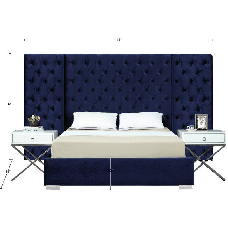 Upholstered Platform Bed, Queen, Navy Velvet