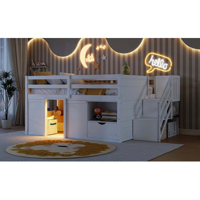 Full Size Solid Wood Low Loft Bed for Kids, Built-in Stairs, Storage Drawer & Side Shelf, White