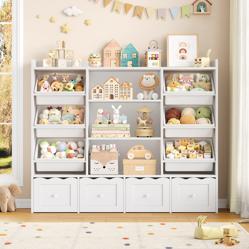 Organisateur multifonctionnel pour enfants: l 55 po x H 48 po: bibliothèque de jouets à 4 tiroirs et bibliothèque avec 6 bacs amovibles