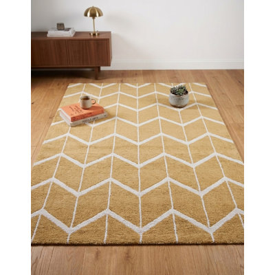 Or | Tapis d'intérieur beige géométrique en laine noué à la main