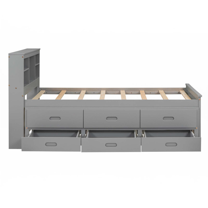 Lit plateforme avec tête de lit, USB, lit gigogne simple et 3 tiroirs, Gris, Simple