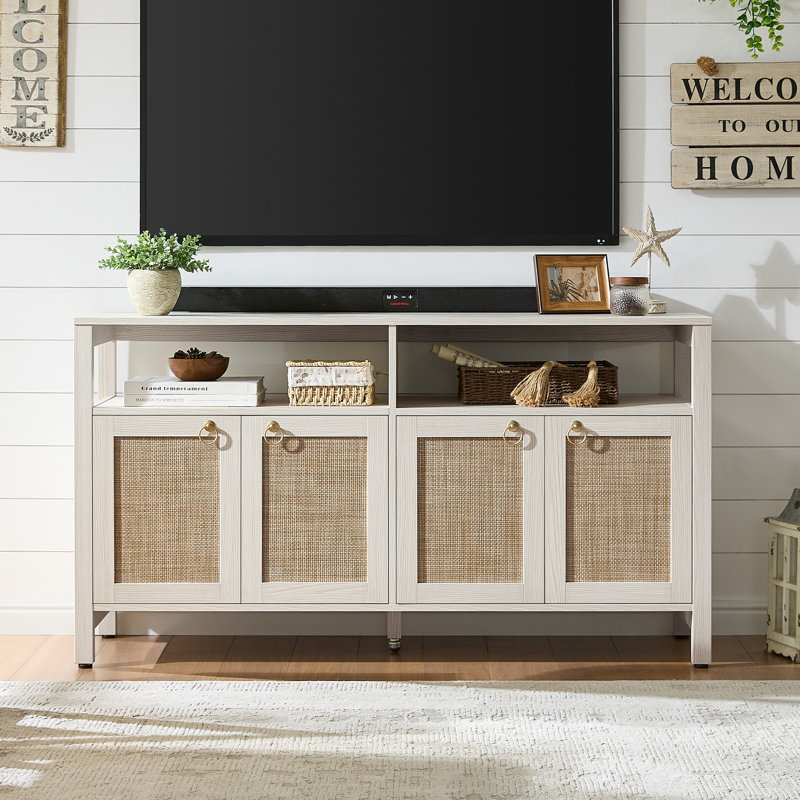 Meuble télé Pomodoro Boho avec 4 armoires de rangement en rotin, centre de divertissement télé pour téléviseur de 65 po ou moins