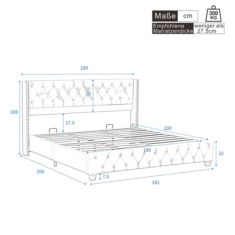 Doiron Upholstered Bed, Beige, Super King (6')