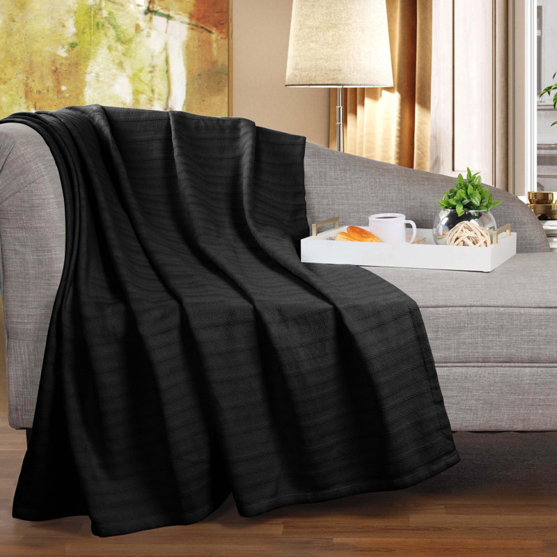 Couverture à rayures jacquard 100% coton Superior Clara, Noir, Double/Grand