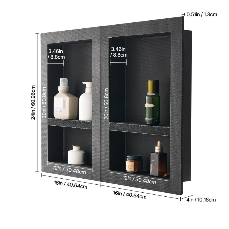 Shower Niche, 16 x 24 inch + 16 x 24 inch Recessed Wall Niche with Movable Shelf, 4 inch Thick Modern Soap&Shampoo Storage Organizer,Square Corners,Sealed Waterproof,Black for Bathroom Shower