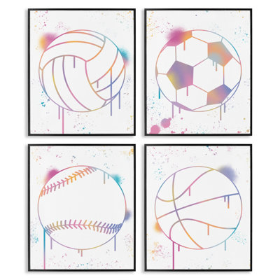 Modern Graffiti Sports Balls 4pc Framed Giclee Set, design by Marcus Prime