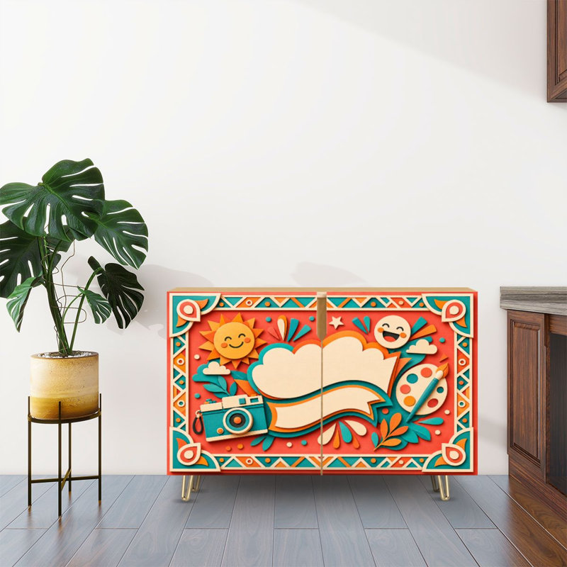 Buffet Buffet avec rangement Éléments décoratifs de style soleil avec 2 portes pour le salon et la cuisine