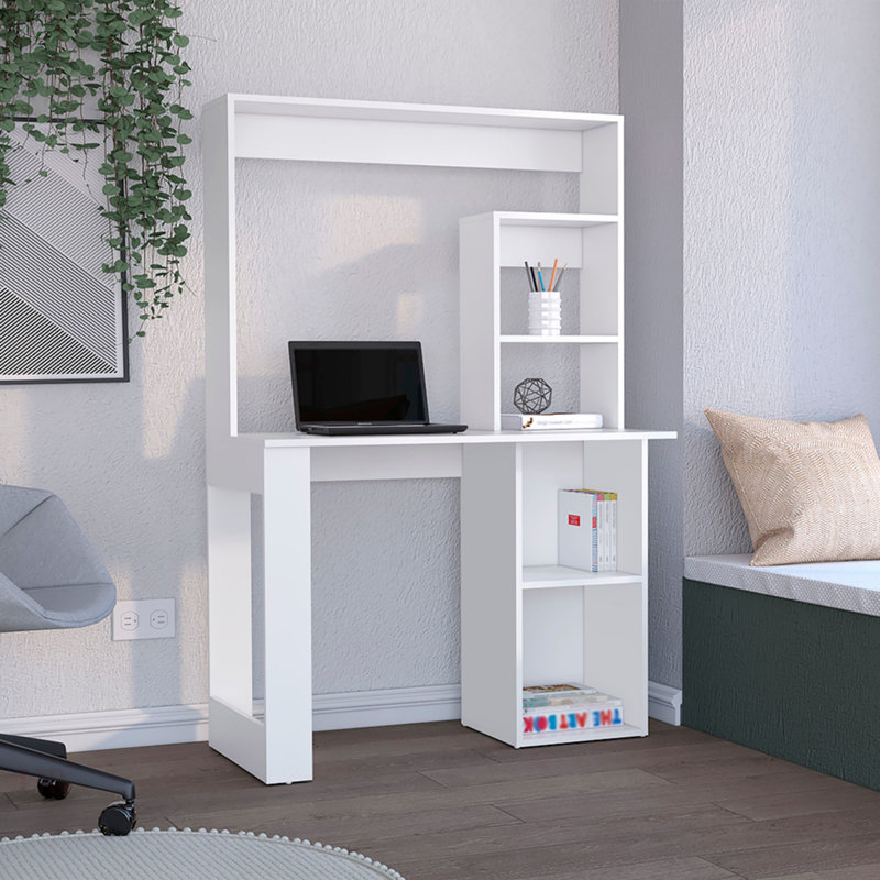 Bureau Maine avec rehausse et tablettes, spacieux et polyvalent pour le bureau à domicile ou la chambre d'étudiant, maximise le rangement et l'efficacité de l'espace de travail