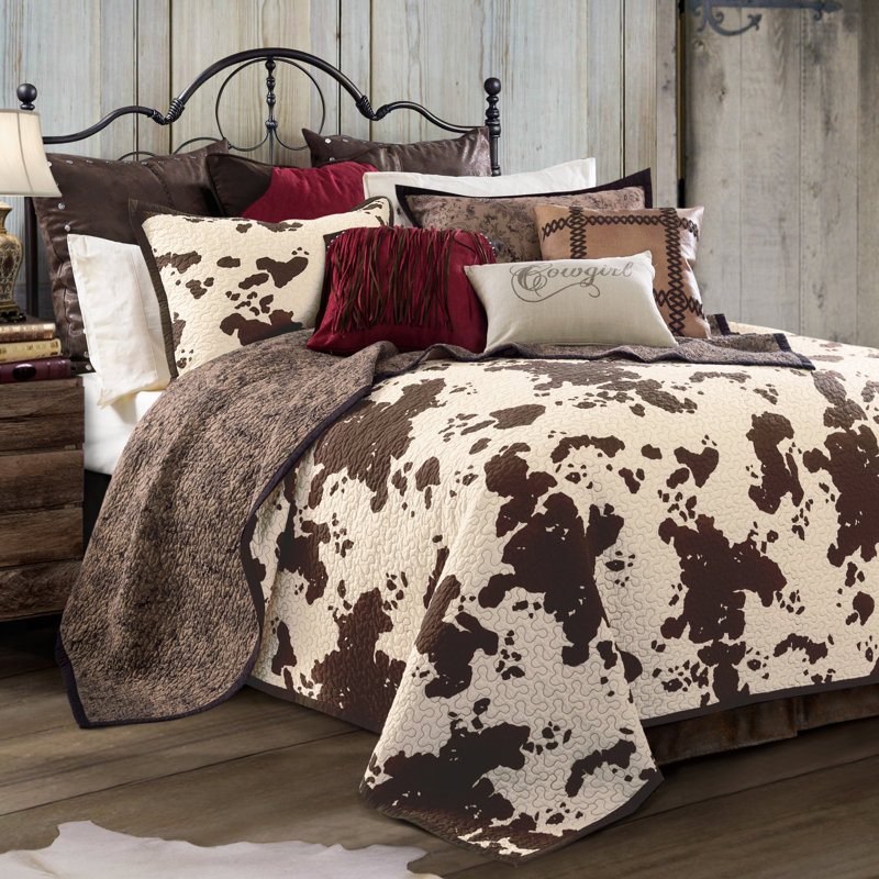 Twin Brown Cotton Reversible Cowhide Print Quilt Set