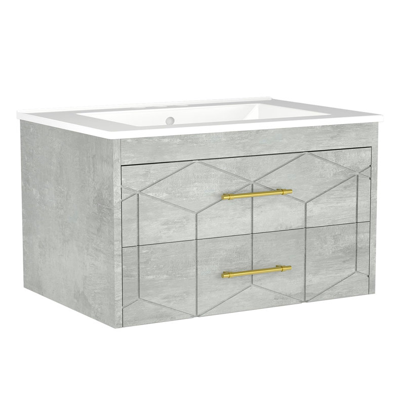 Meuble-lavabo flottant moderne avec lavabo en céramique, meuble-lavabo mural à 2 tiroirs, rangement compact pour les petites salles de bain