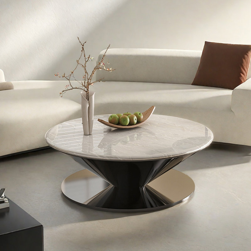 Table basse ronde en marbre avec soucoupe volante, H 15 po x L 35,4 po x l 35,4 po, Blanc