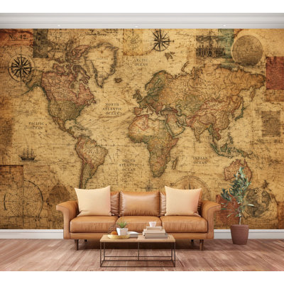 Papier peint adhésif, carte du monde rétro, parchemin esthétique vieilli, autocollant amovible, papier contact mural pour salon, chambre à coucher H 100 po x l 144 po