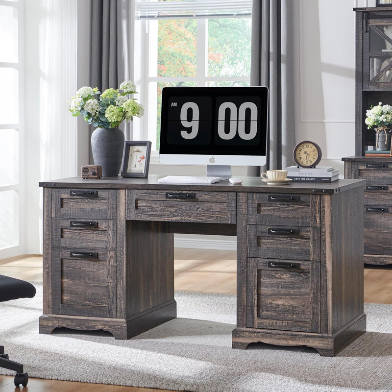 Deserey 60" W Farmhouse Solid and Manufactured Wood Executive Desk with Charging Station, Dark Rustic Oak