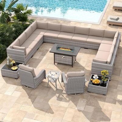 14 - Person Outdoor Wicker Patio Conversation Furniture Set with Fire Pit Table