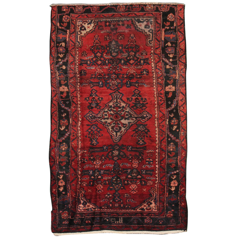 Handmade Red Wool Medium Pile Area Rug, 3'11" x 6'9"