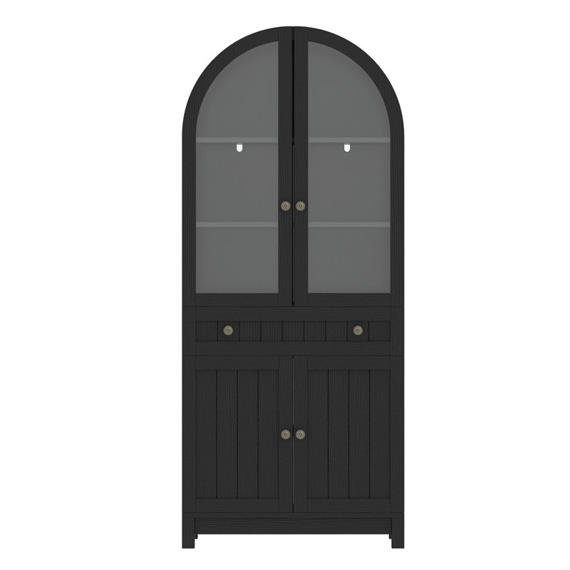 Bibliothèque arquée de 71 po de hauteur, armoire incurvée moderne avec tiroirs de rangement et porte en verre