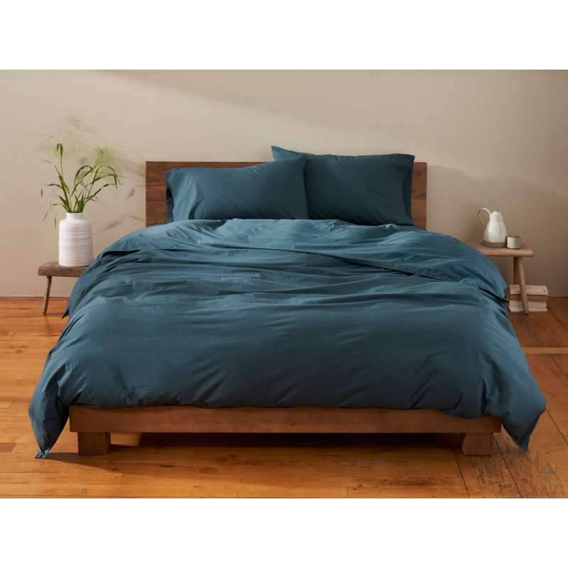 Housse de couette en percale organique froissé, Housse de couette pour lit très grand / très gra, Bleu acier