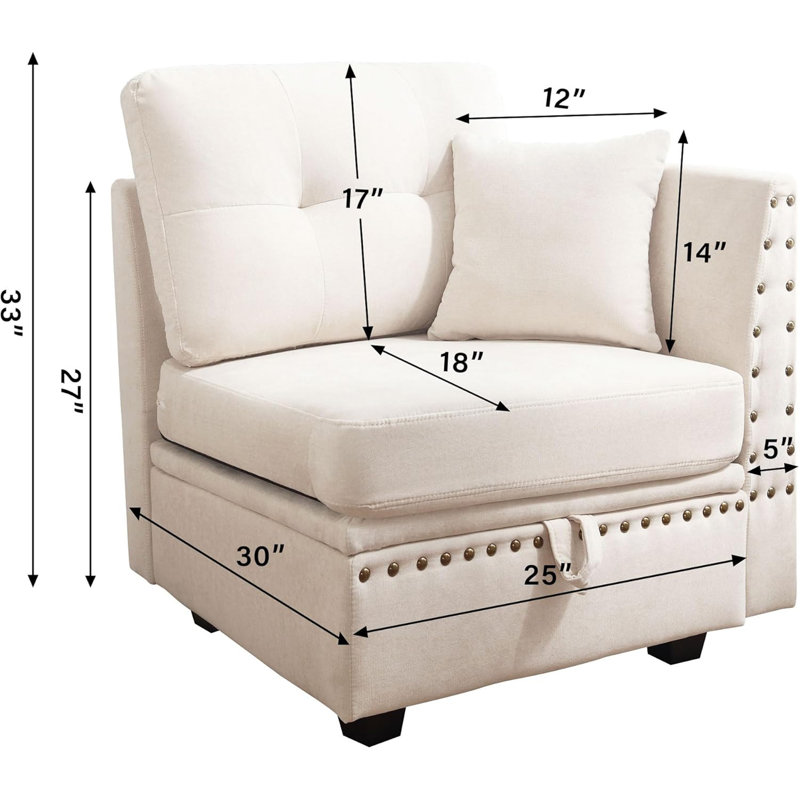 Vintage Modular Sectional Sofa, Convertible Multiple Combination Sofa Couch With Storage, Memory Foam, Vintage Copper Nail Modular Sectionals L-Row Module (1 Side Stool)