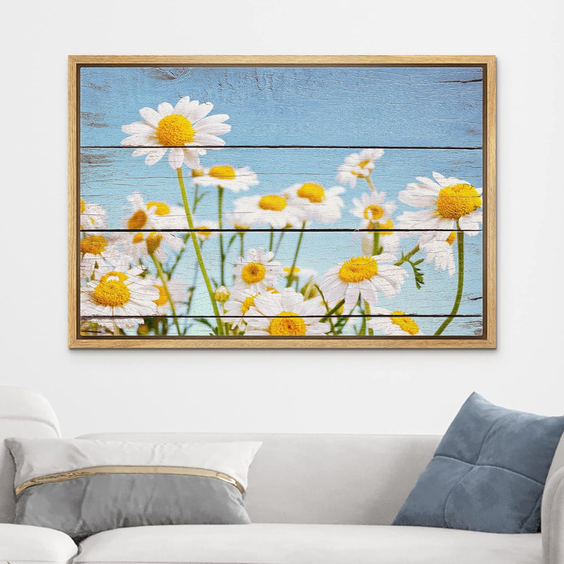 Fleur, champ de marguerites blanches sur des panneaux effet bois rétro, illustrations florales, art moderne, rustique, paysage