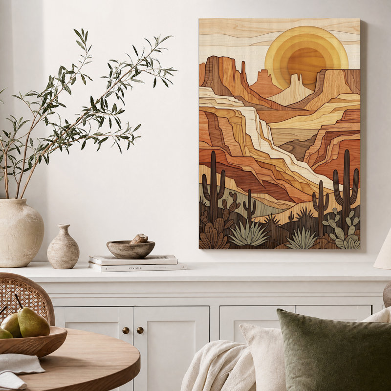 Tableau sur toile représentant un canyon désertique aux tons de bois superposés avec des cactus, H 18 po x l 12 po