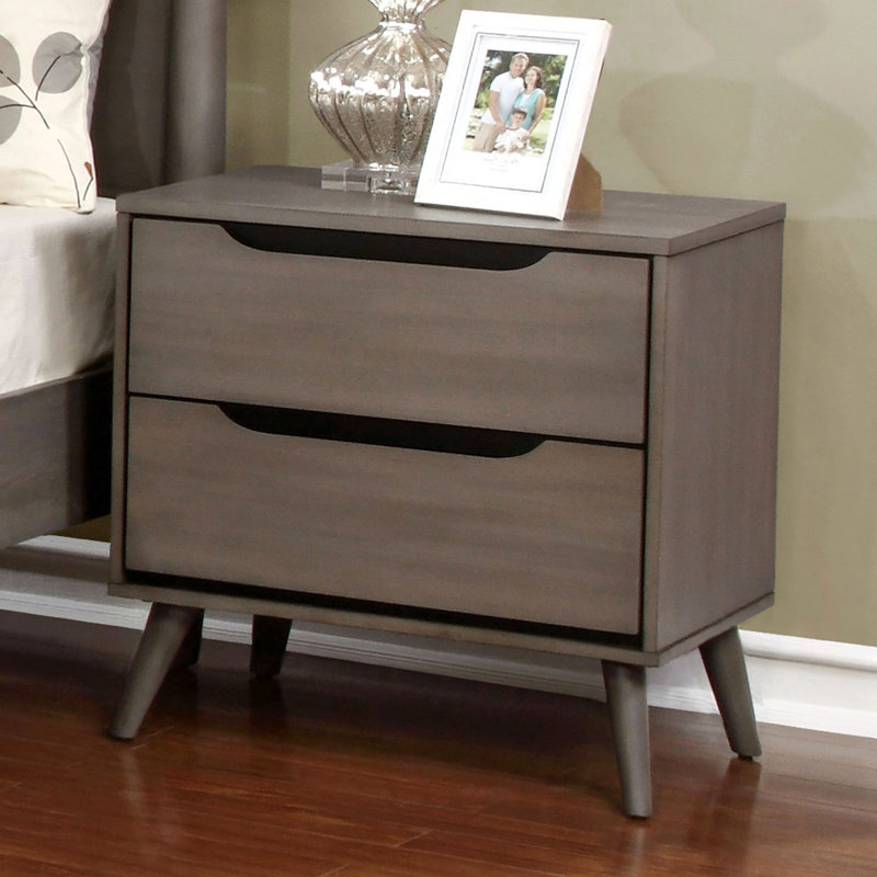 Chambre à coucher avec table de chevet moderne Mid-Century avec 2 tiroirs en bois massif gris