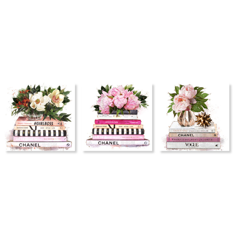 Doll Memories Doll Memories - Pink Blush Flowers SET, Chic Floral Books  Modern White On Canvas 3 Pieces by Oliver Gal Print