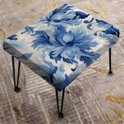 Blue And White Serene Ikat Zen - Floral Rectangle Ottoman