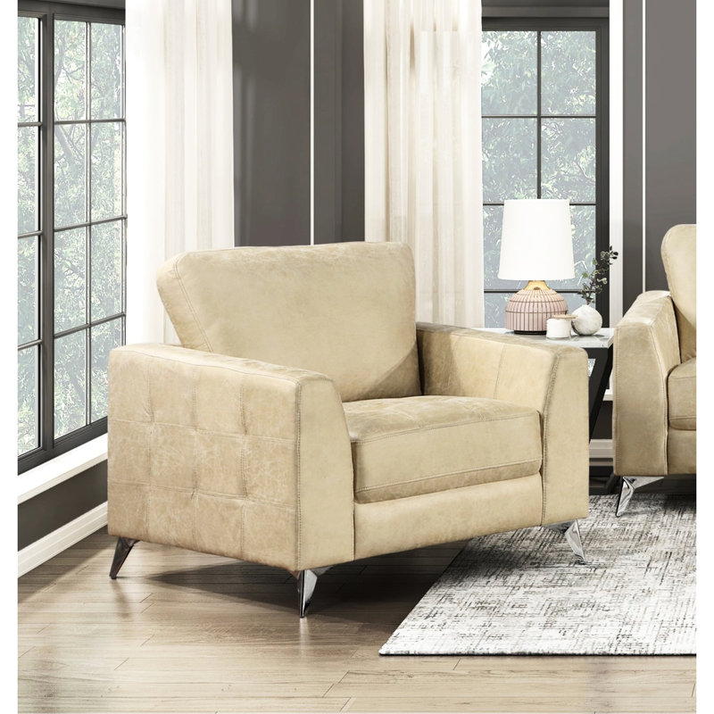 Chaise rembourrée en mousse avec revêtement en microfibre de couleur sable, bois massif, pieds argentés élégants avec structure en bois de sable, finition