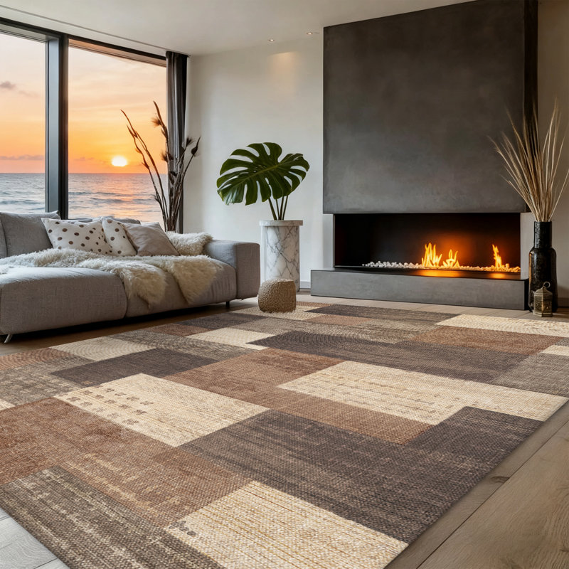Machine Washable Geometric Area Rug - Ultra Soft Faux Cashmere with Non-Slip Backing, Modern Color Block Design in Beige/Brown