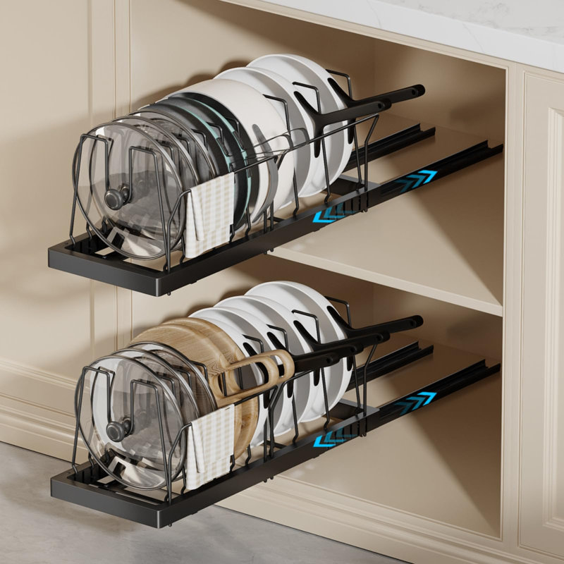 2 Pack Expandable Pull Out Pot Lid Organizer and Storage with 10 Adjustable Dividers