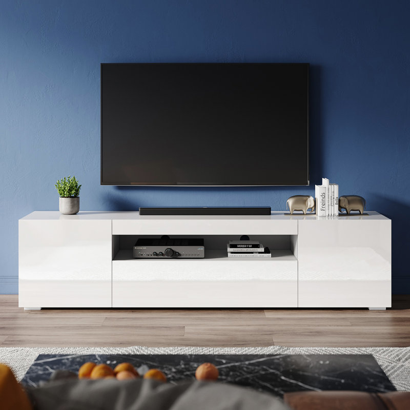 Caelainn High Gloss TV Stand & TV Cabinet, 1 Flip Door, 2 Side Doors, RGB Remote, 15W, Fits 60" TV, White