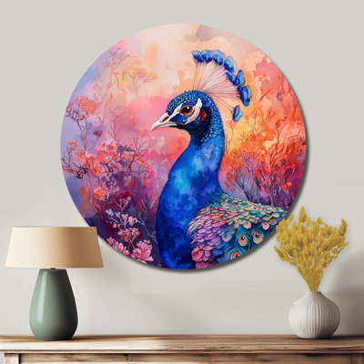 Paon à l'aube mauve I - reproduction d'art moderne en métal bleu, oiseau rond, art mural en métal