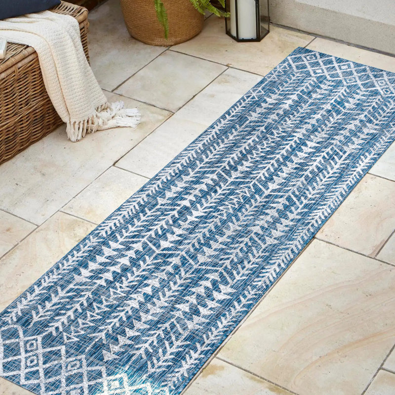 Wiese Bohemian Geometric Blue/Ivory Indoor/Outdoor Rug, Runner 2'2" x 10'
