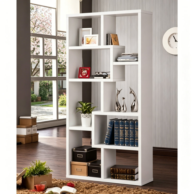 8-Shelf Geometric Bookcase, White
