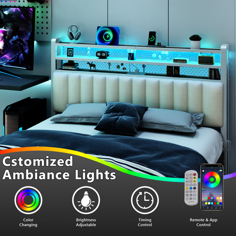 Full Size Headboard, Adjustable Upholstered Headboard With 3 Tier Shelves And Pegboard With Charging Stations And LED Lights, Modern Bed Headboard With Storage Linen And White
