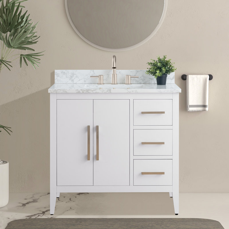 Meuble-lavabo simple 36 po avec plateau en marbre Chambery, Blanc, Golden Brushed