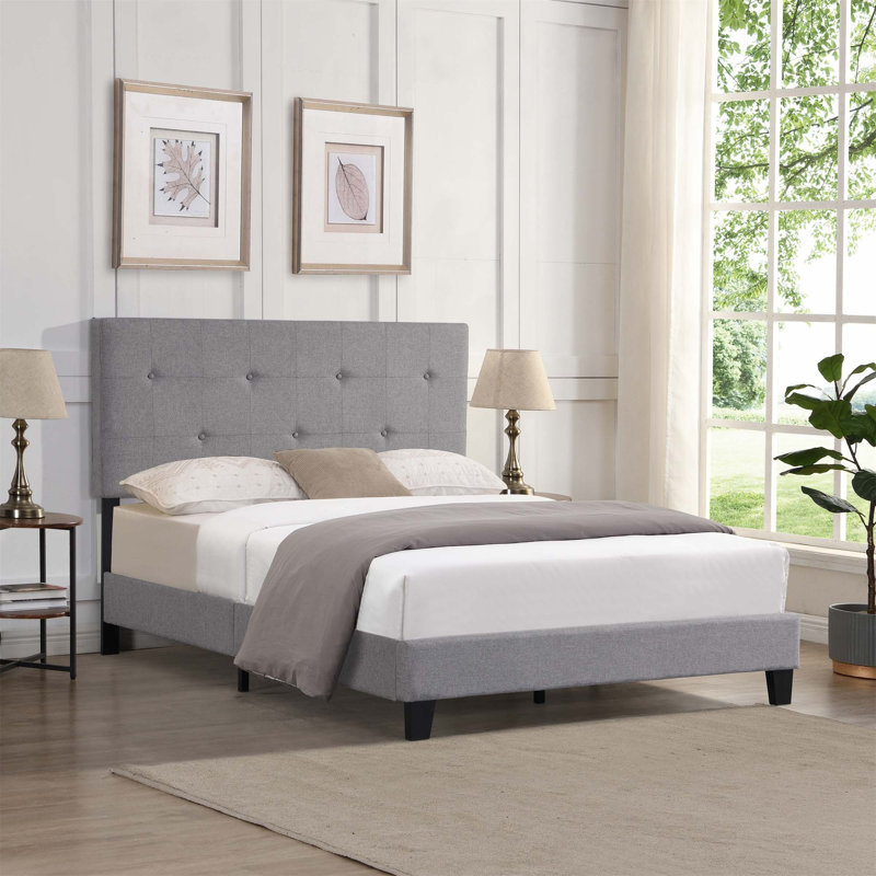 Queen Size Upholstered  Platform Bed Frame With  Pull Point Tufted Headboard, Strong Wood Slat Support, Mattress Foundation, No Box Spring Needed, Easy Assembly