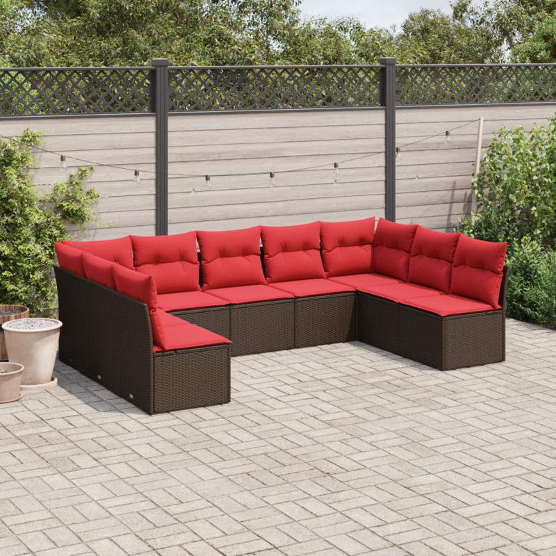 10 Piece Patio Sofa Set With Cushions Gray Poly Rattan, Red Cushion/Brown Frame