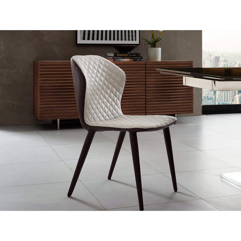 Beige Quilted PU Leather Upholstered Side Chairs with Dark Wood Legs