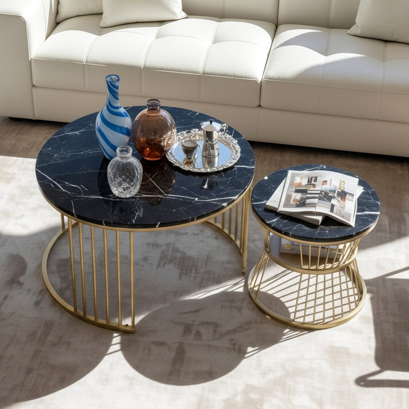 70Cm Nesting Coffee Tables (Set Of 2), Glam Round Tables With Top & Gold Cage Frame, Black