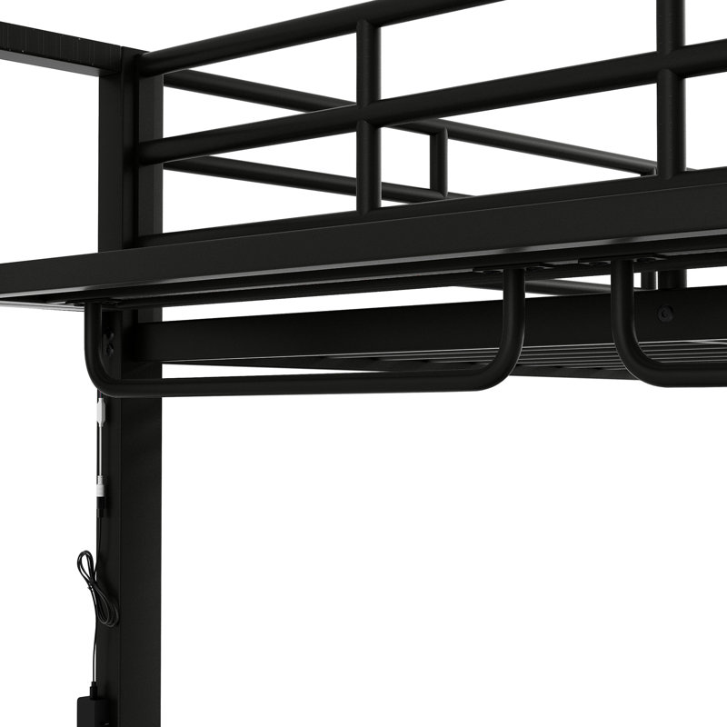 Full Size Metal Bunk Bed With 7 - Colour Led , 3 Mesh Shelves, And 2 Clothes Hooks, For Multiple Users Black Featuring Storage Space Saving