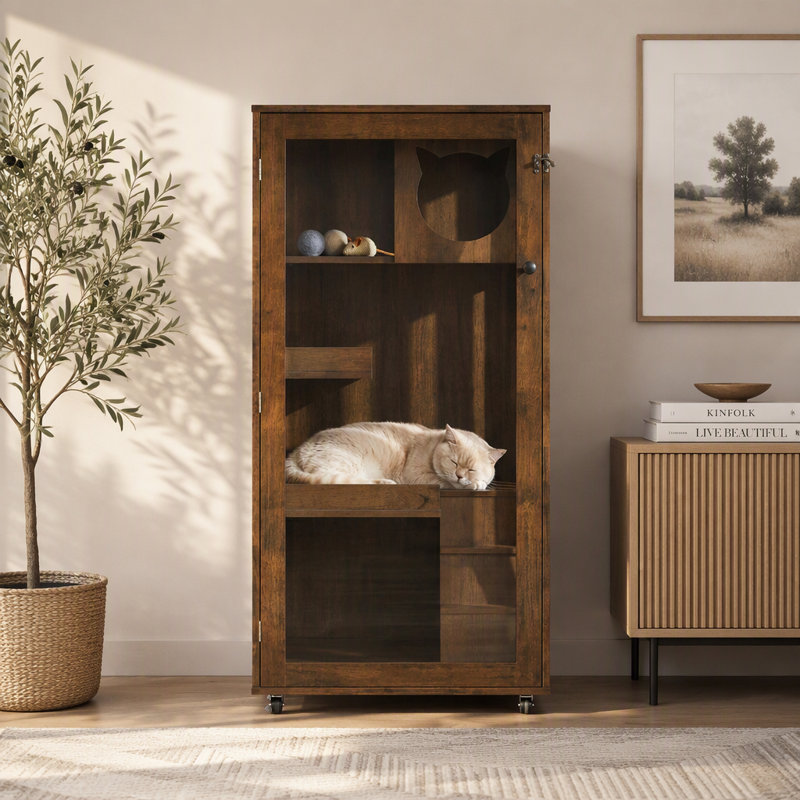 Armoire pour chat en bois d'hévéa Basia, Chêne brun