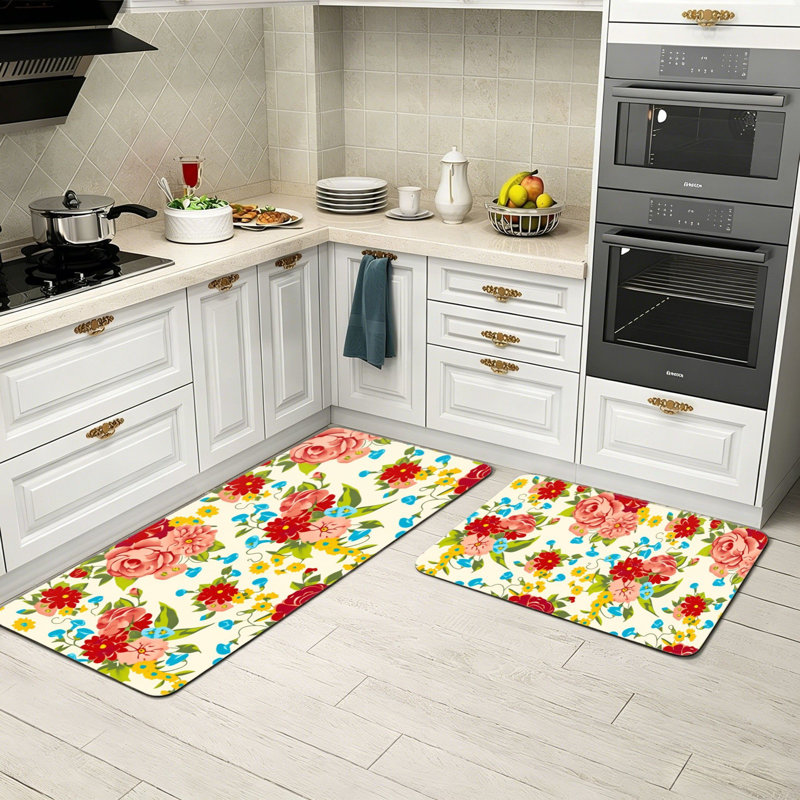 Ensemble de 2 tapis de cuisine Vintage Rose Mixed Floral Floral Cream