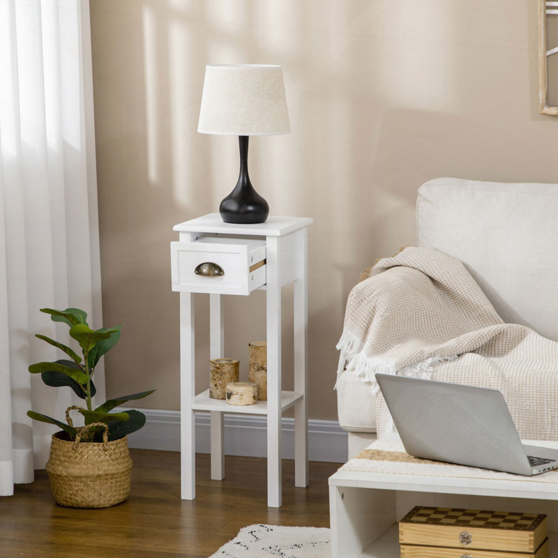 2-tier Side Table with Drawer and Storage Shelf, Modern Beside Table, White, 29.5" H x 11.75" W x 11.75" D, 1